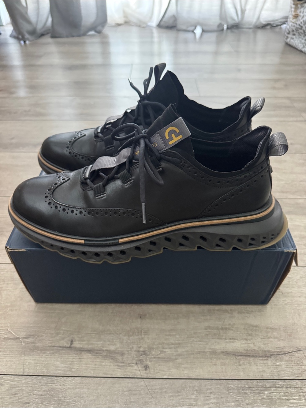 Cole Haan Black Leather Wingtip Derbys with Tan Outsole - Picture 3 of 4